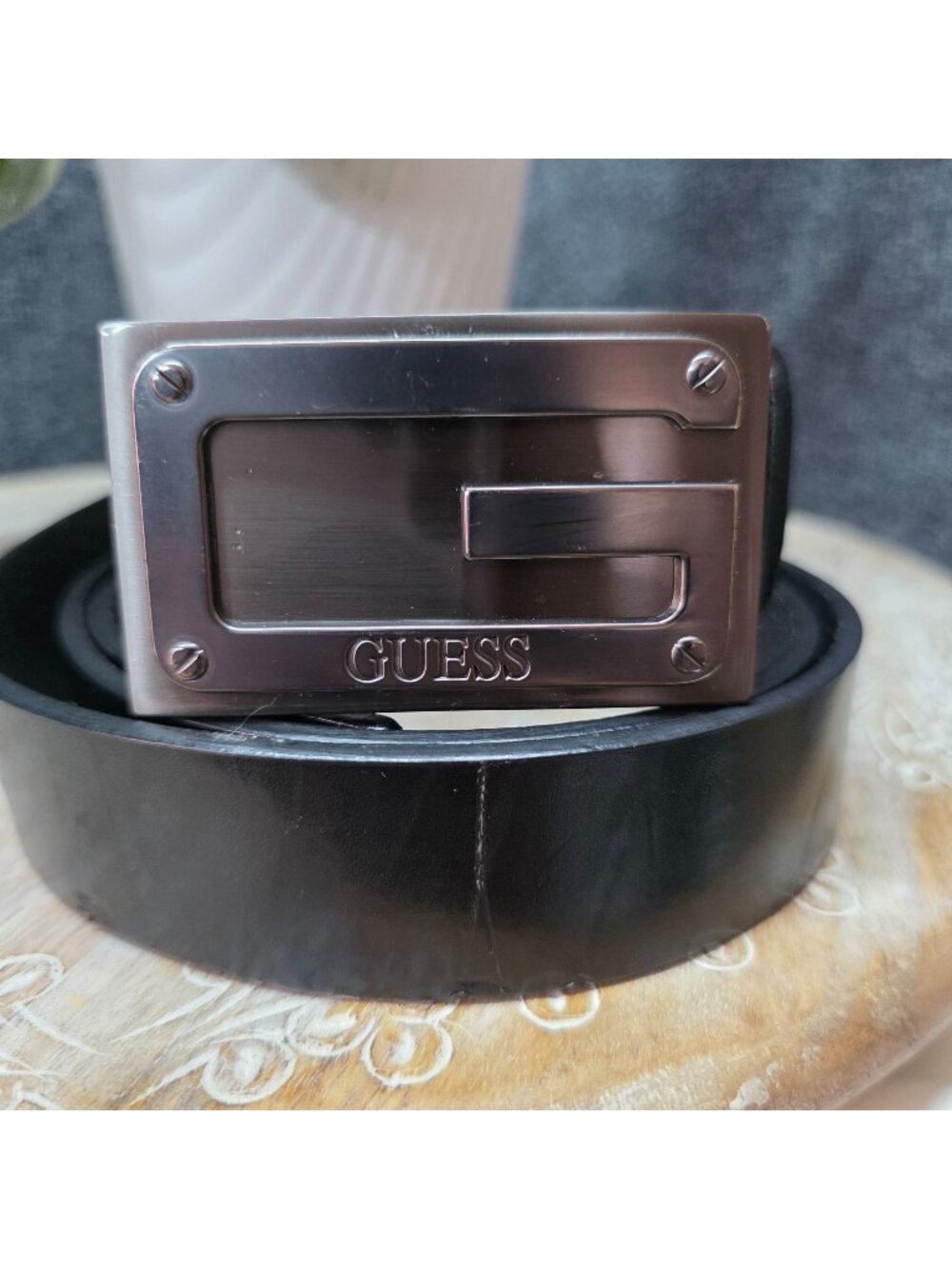 Guess Black Genuine Leather G Logo Plaque Belt Silver Buckle Size 40 Casual Mod
